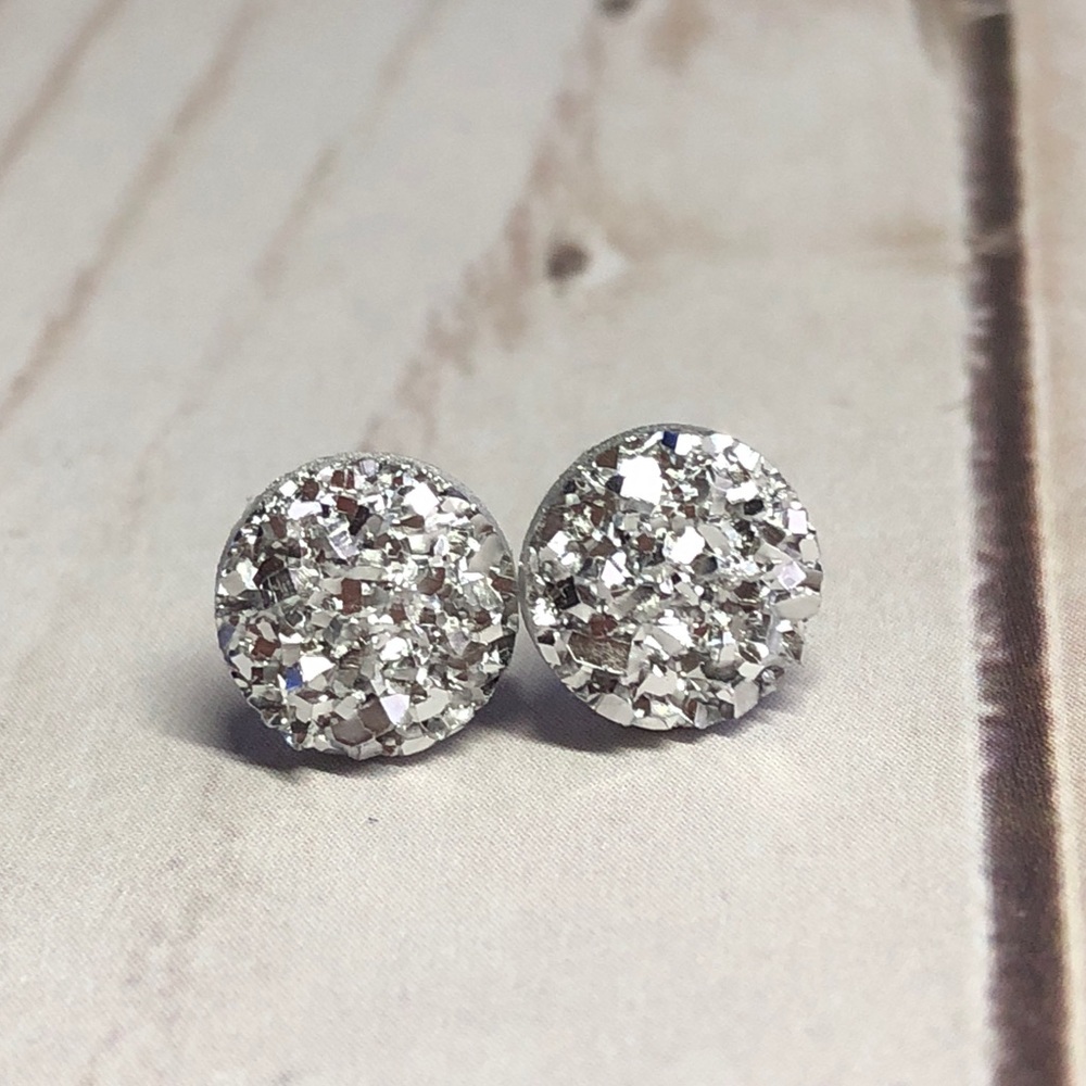Silver Faux Druzy 8mm Post Back Stud Earrings! - Picture 4 of 16